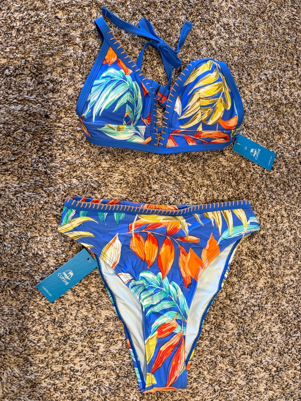 Cupshe Blue Tropical Leaf Print Bikini Set